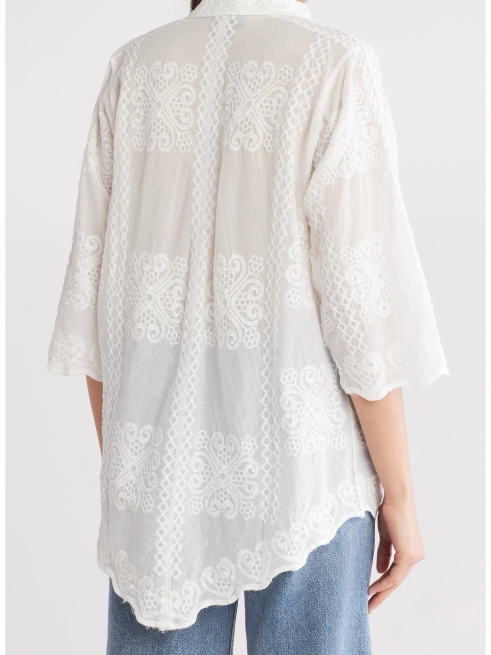Forgotten Grace Floral Embroidered Three-Quarter Sleeve Cotton Button-Up Shirt - Picture 2 of 4